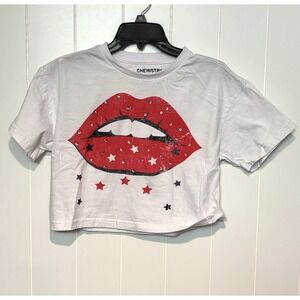 Chemistry Crop Top T-Shirt Lips Stars Jewels Women's Size S Cotton White Red